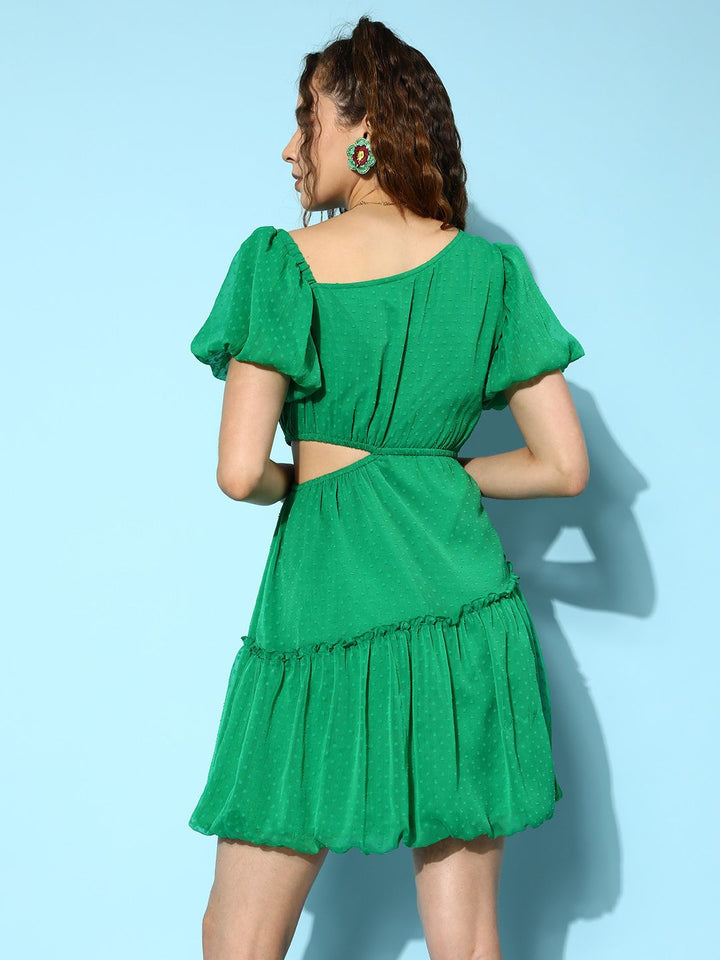 Antheaa Self Design Puff Sleeve Chiffon Fit & Flare Mini Dress