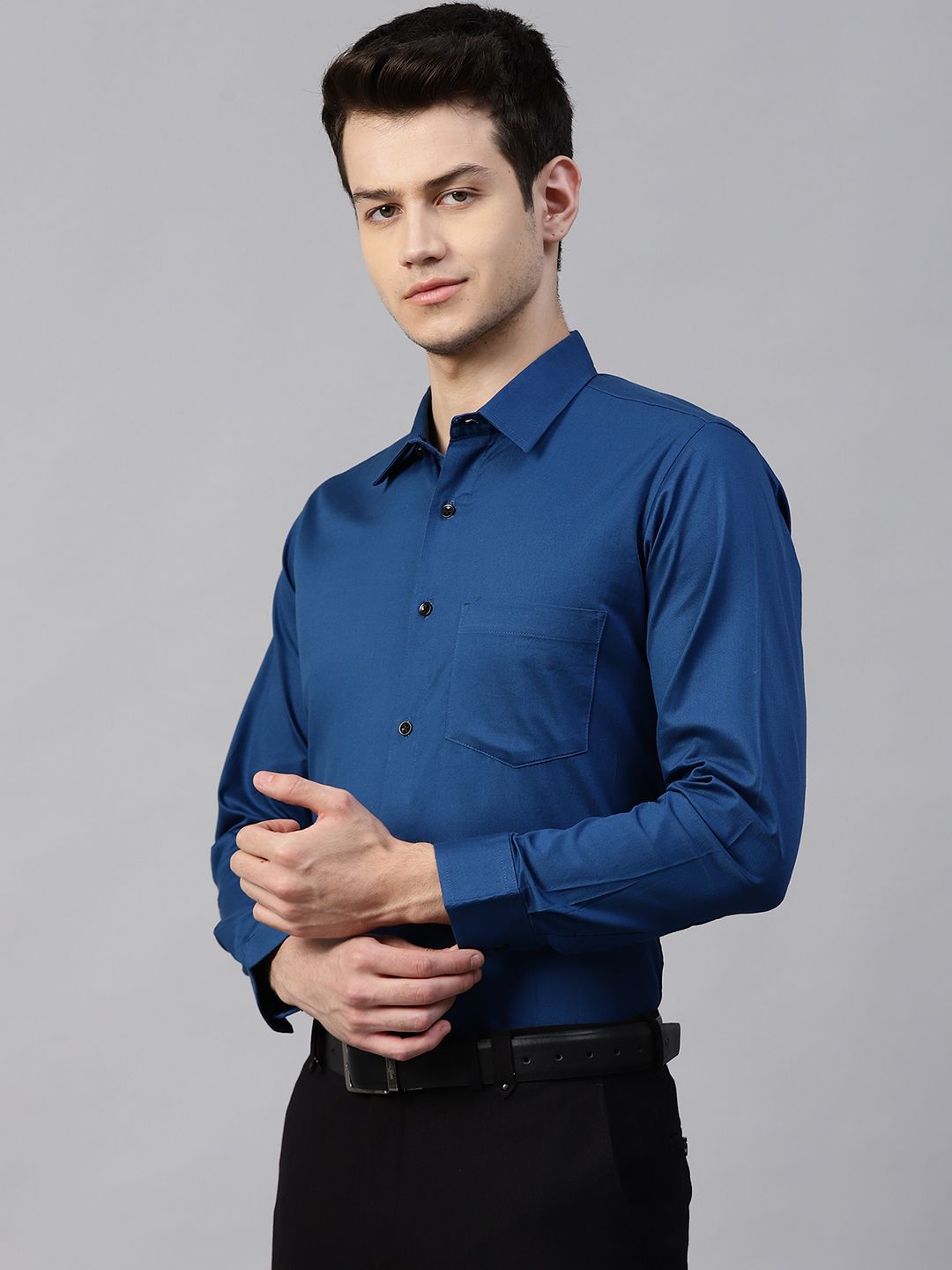 DENNISON Men Teal Blue Smart Slim Fit Solid Twill Weave Formal Shirt