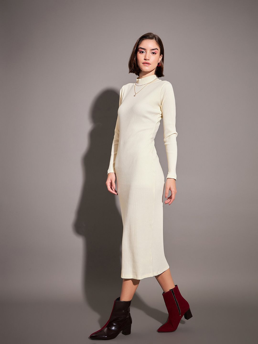 SASSAFRAS Off White Self Design High Neck Sheath Dress