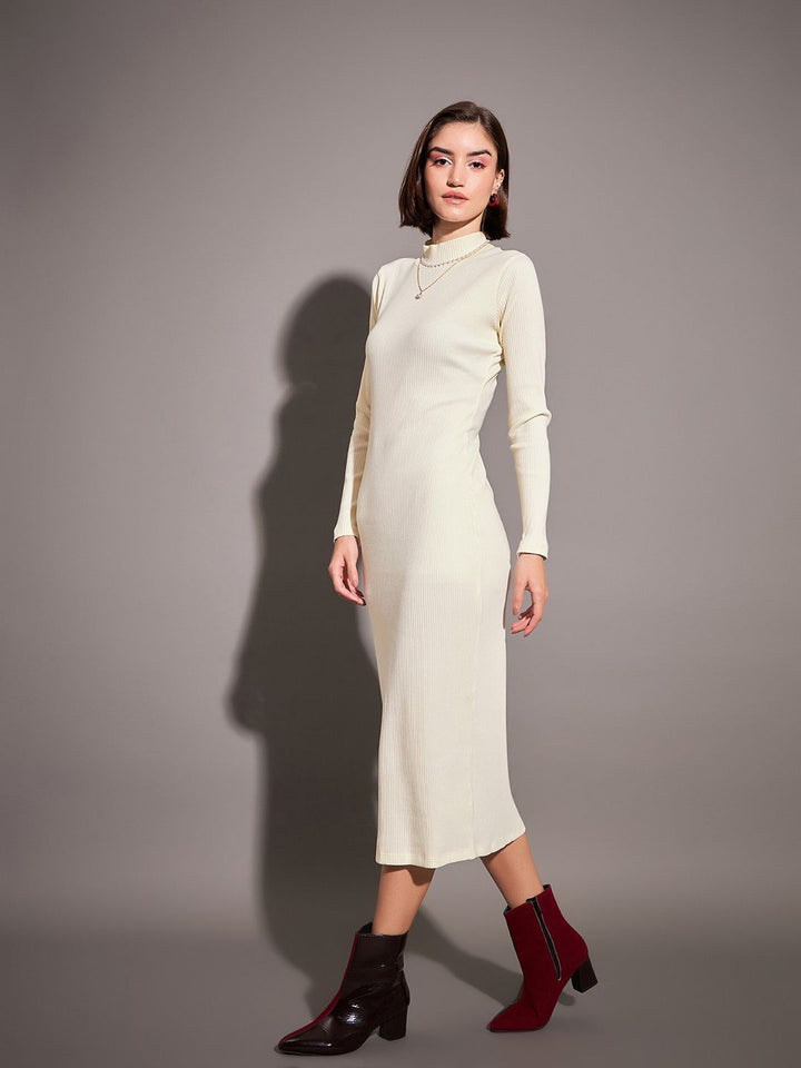 SASSAFRAS Off White Self Design High Neck Sheath Dress