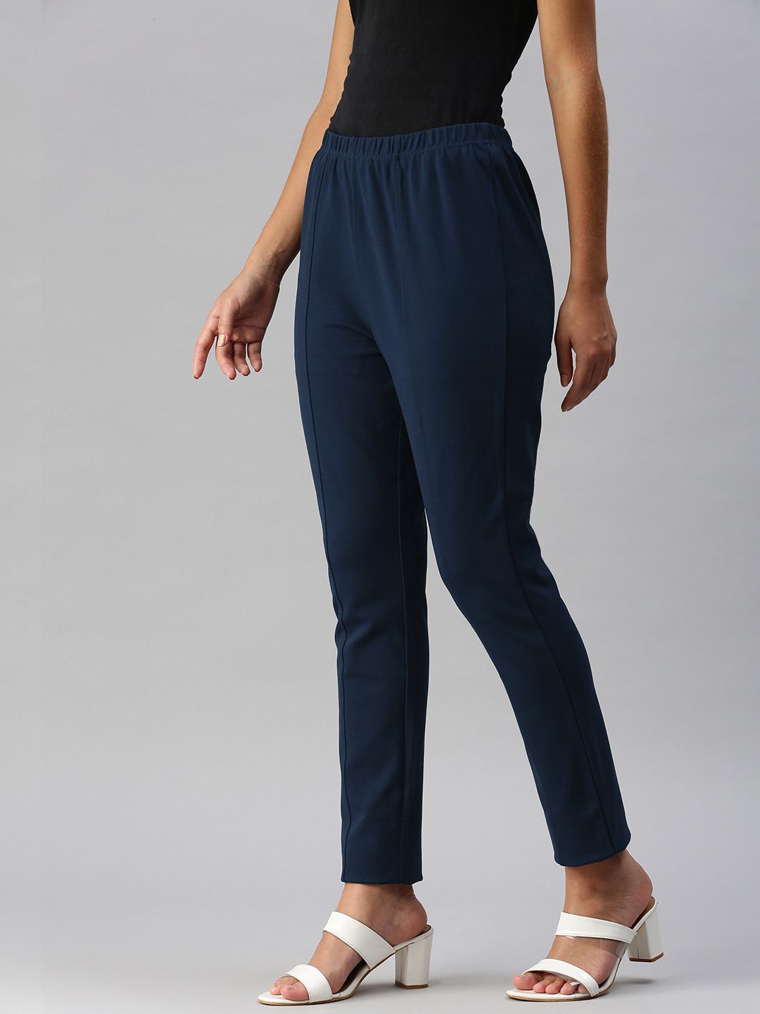 Global Desi Women Blue Solid Tapered Fit Cigarette Trousers