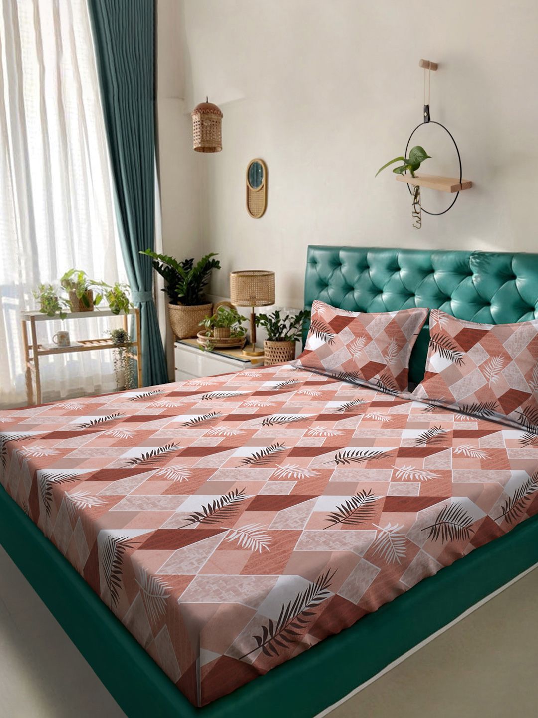 KLOTTHE Rust Leaf Printed Fitted 400 TC Cotton King Bedsheet & 2 Pillow Covers