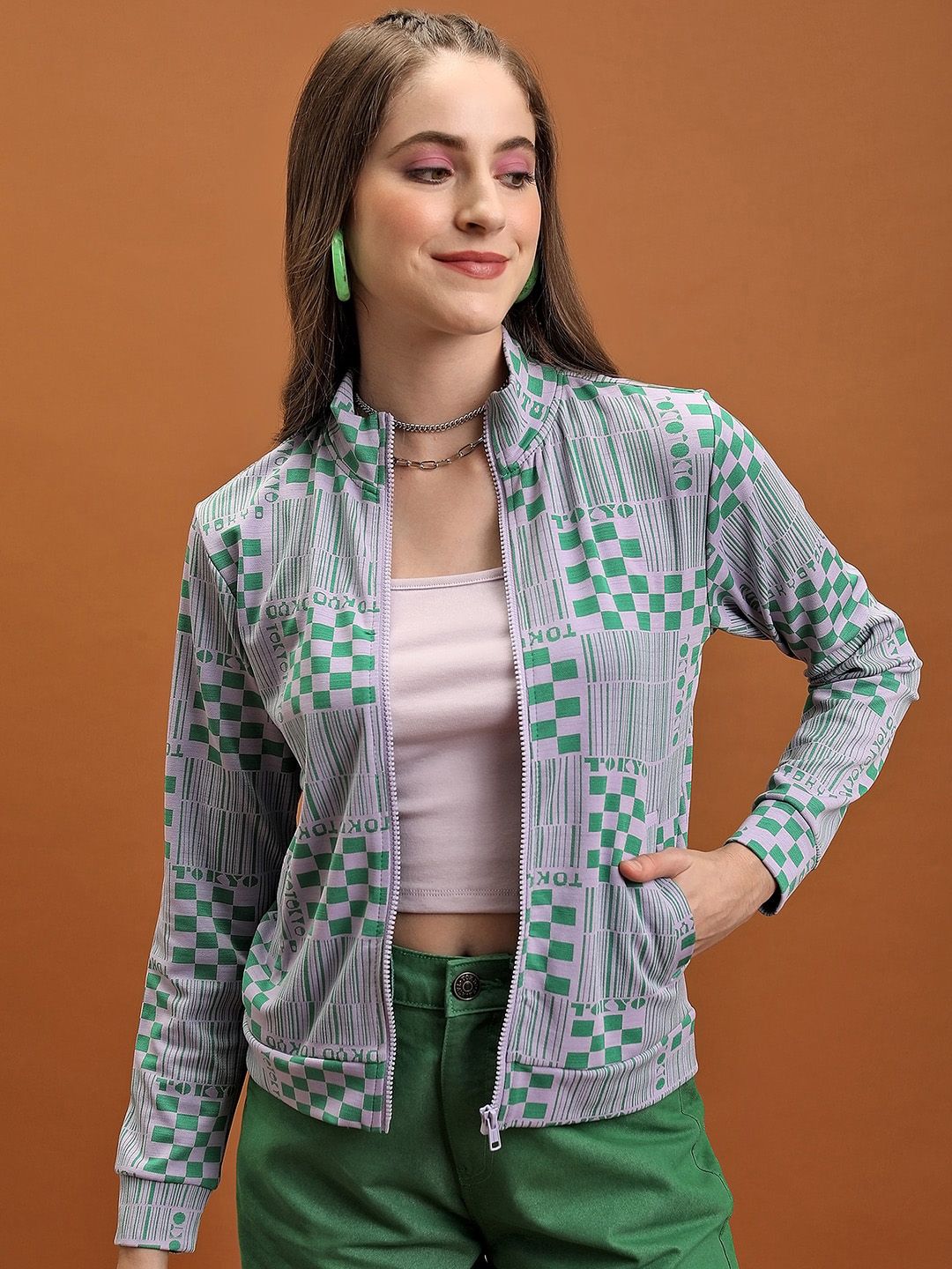 Tokyo Talkies Grey Geometric Printed Mock Collar Jacquard Open Front Jacket