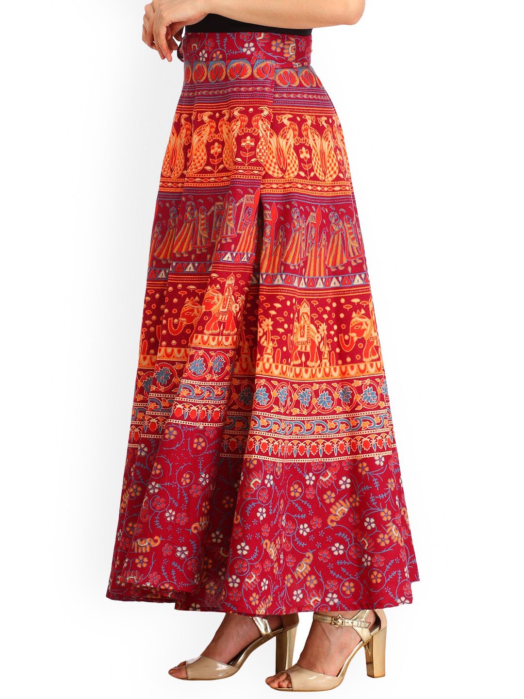 Exotic India Wrap-Around Mauve Wine Long Skirt with Printed Wedding Scenes