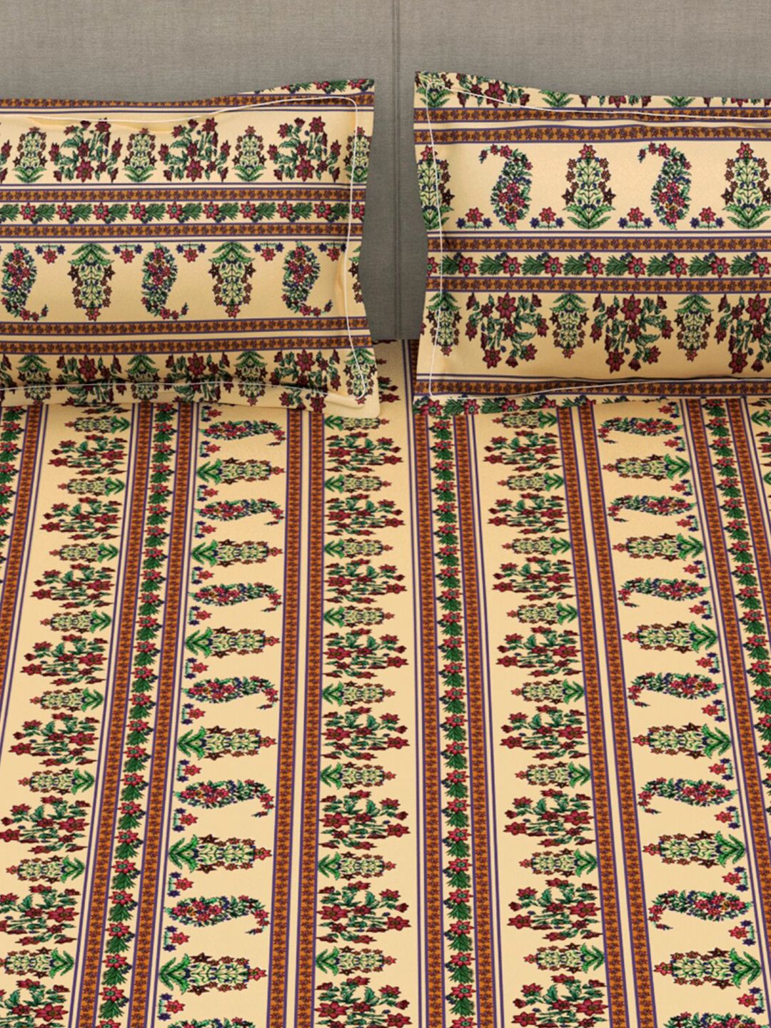 Story@home Beige & Red Ethnic Motifs 180 TC Flat Queen Bedsheet with 2 Pillow Covers