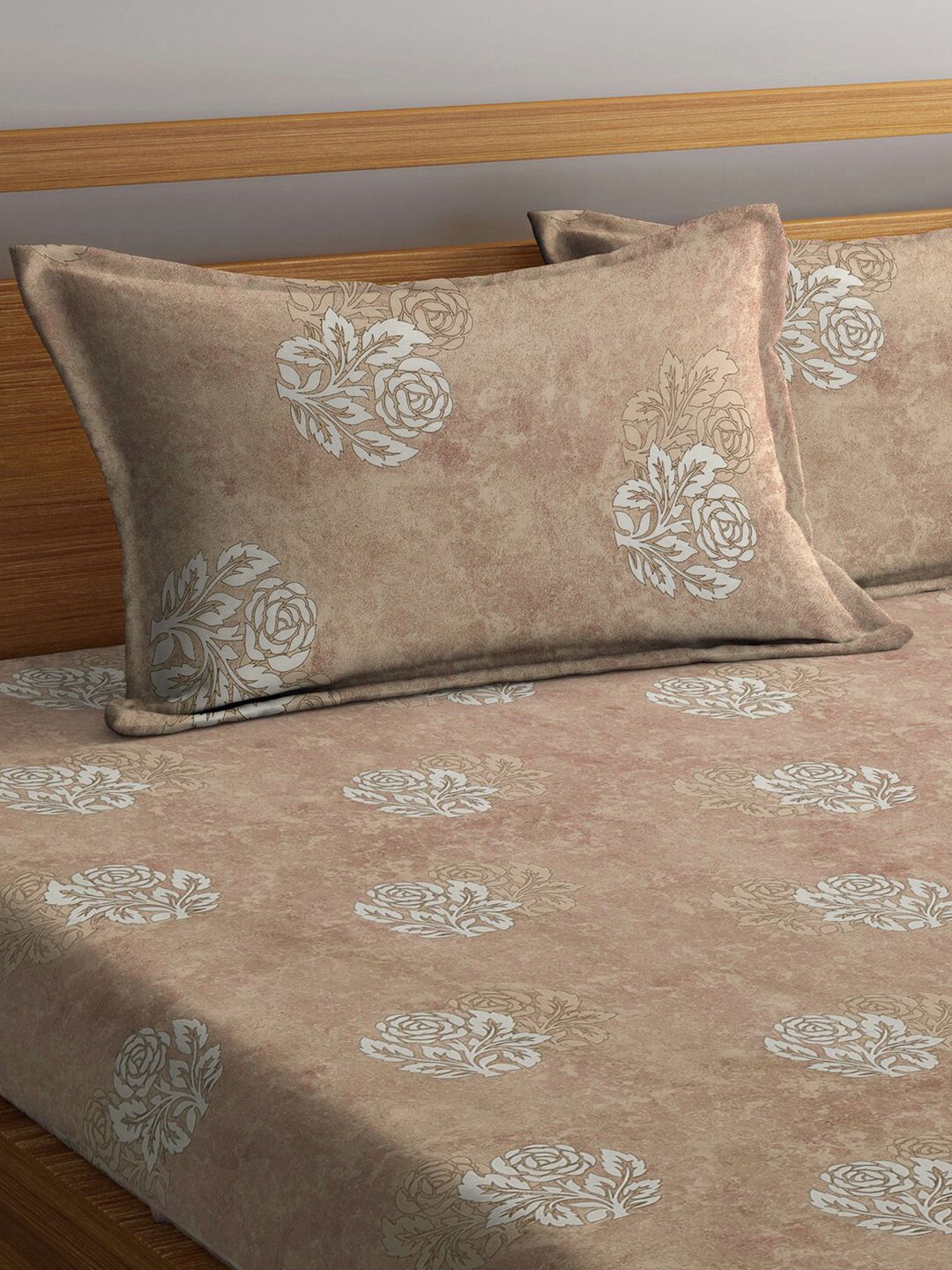 KLOTTHE Beige Floral Cotton 400 TC King Superfine Bedsheet with 2 Pillow Covers-98 x 89 inches