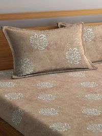 KLOTTHE Beige Floral Cotton 400 TC King Superfine Bedsheet with 2 Pillow Covers-98 x 89 inches