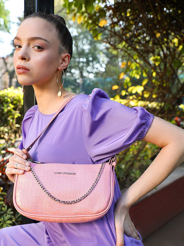 Lino Perros Peach-Coloured Croc Textured Baguette Bag