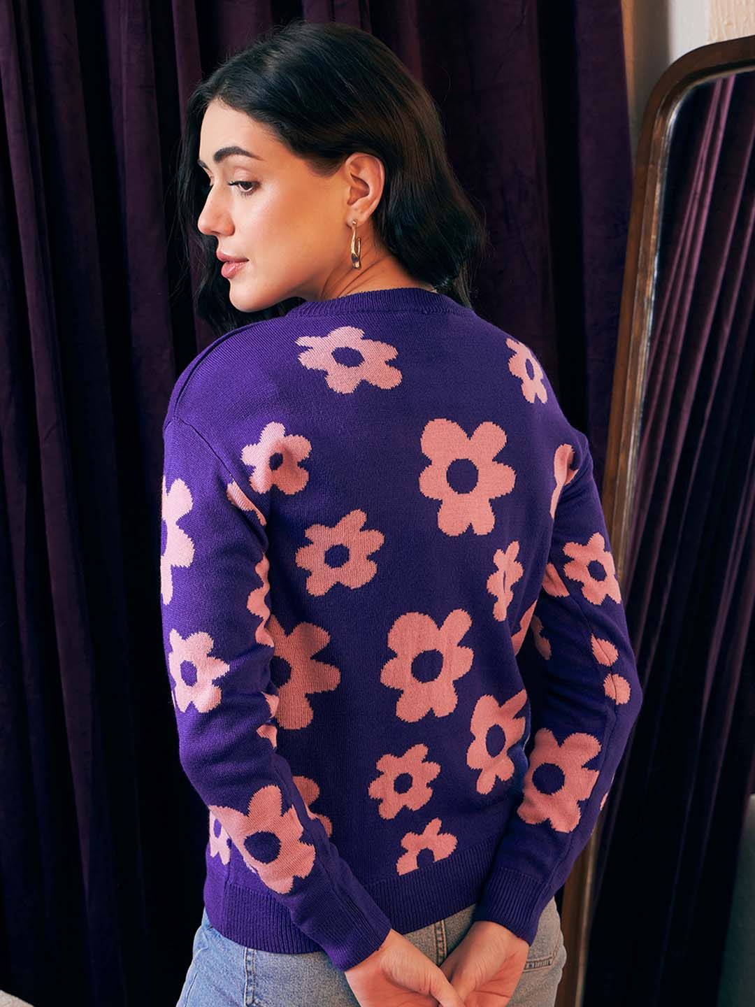 Berrylush Purple Floral Printed Pullover
