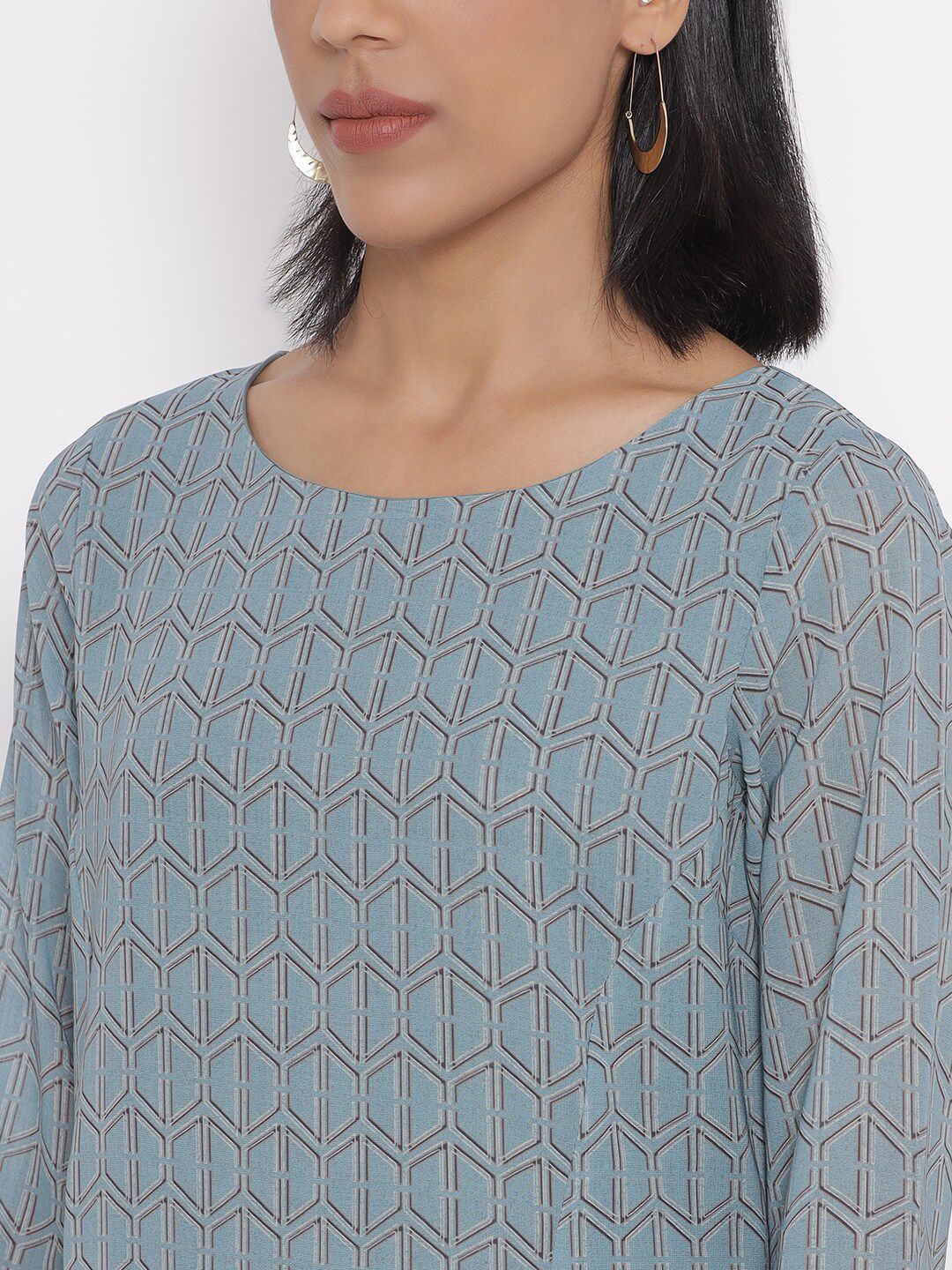 W Sea Green Geometric Printed A-Line Dress