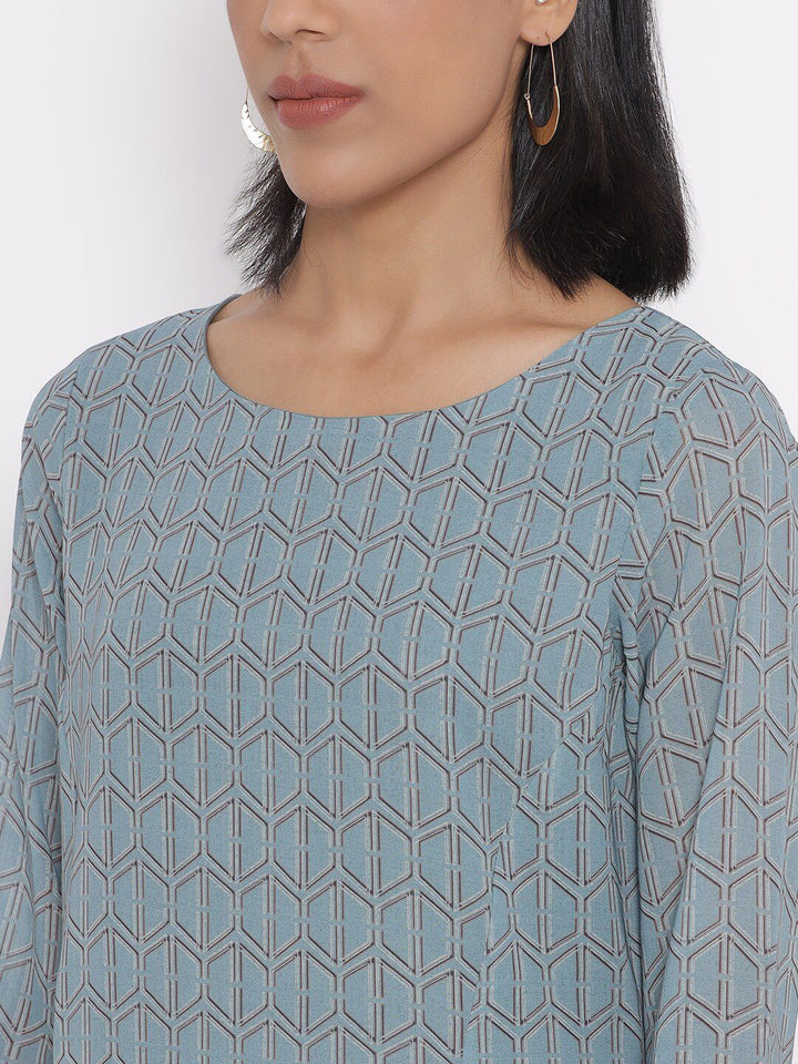 W Sea Green Geometric Printed A-Line Dress