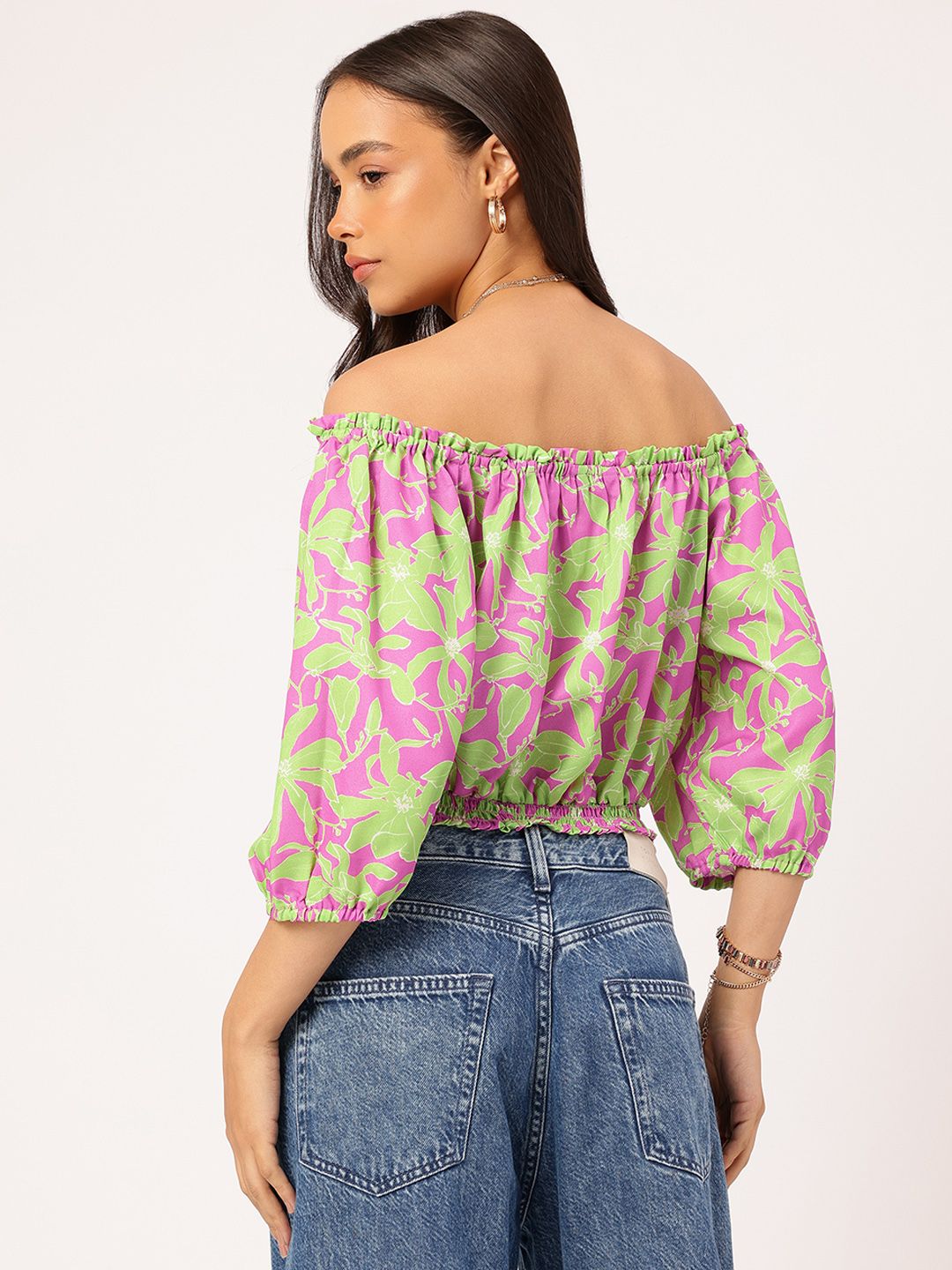 DressBerry Leafy Love Printed Off-Shoulder Blouson Crop Top