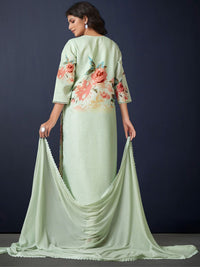 Indo Era Floral Printed Regular Linen Straight Kurta With Trousers & Dupatta