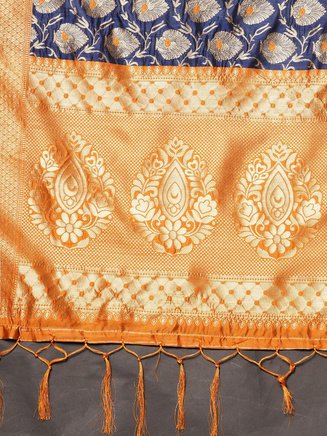 Saree mall Navy Blue & Orange Woven Design Zari Silk Blend Banarasi Sarees