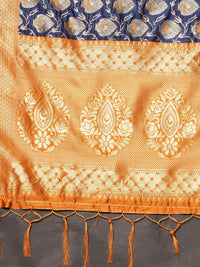 Saree mall Navy Blue & Orange Woven Design Zari Silk Blend Banarasi Sarees