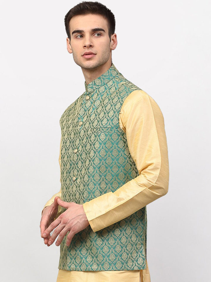 Jompers Men Green & Gold-Coloured Woven-Design Nehru Jacket