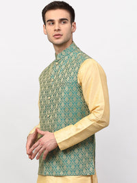 Jompers Men Green & Gold-Coloured Woven-Design Nehru Jacket