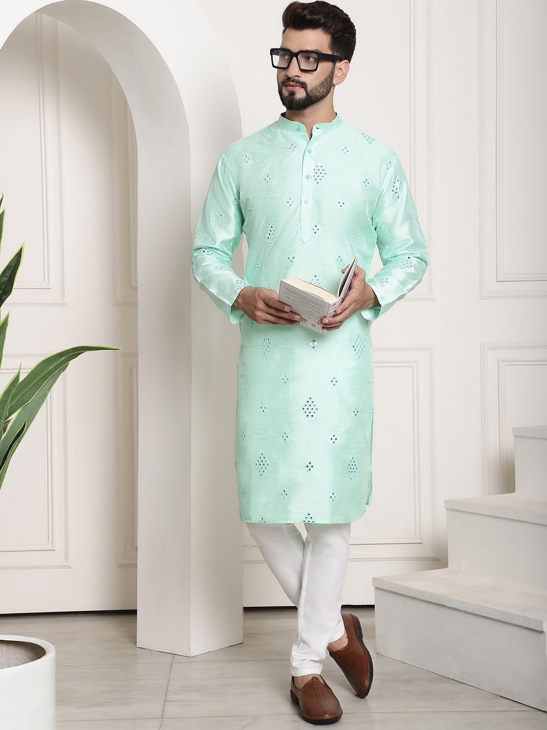 SOJANYA Geometric Embroidered Regular Mirror Work Kurta With Churidar