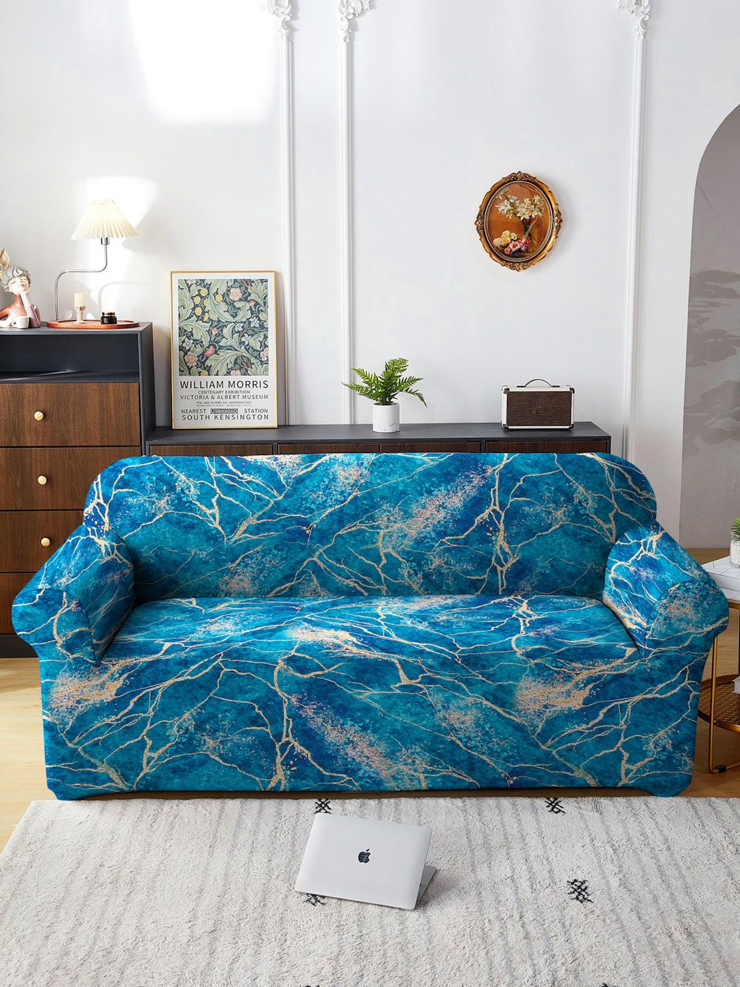 Cortina Teal Green Printed 3-Seater Stretchable Non-Slip Sofa Slipcover