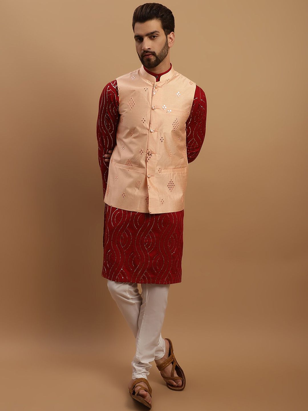 SOJANYA Ethnic Motifs Embroidered Sequined Pure Cotton Kurta with Churidar & Nehru Jacket