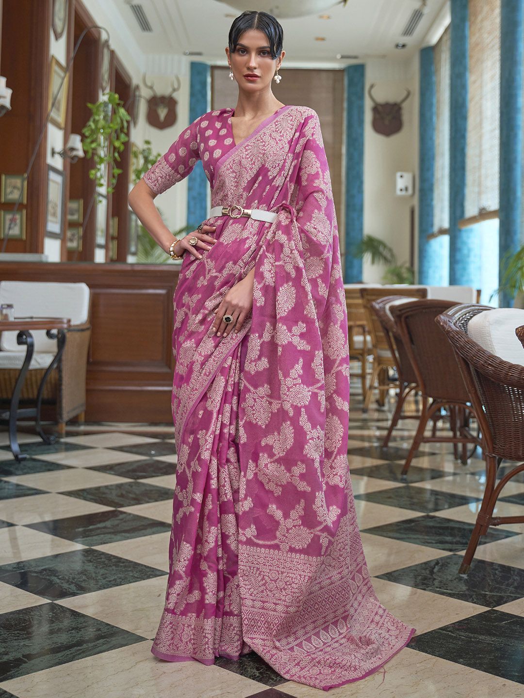 Mitera Pink & White Woven Design Linen Blend Muga Saree