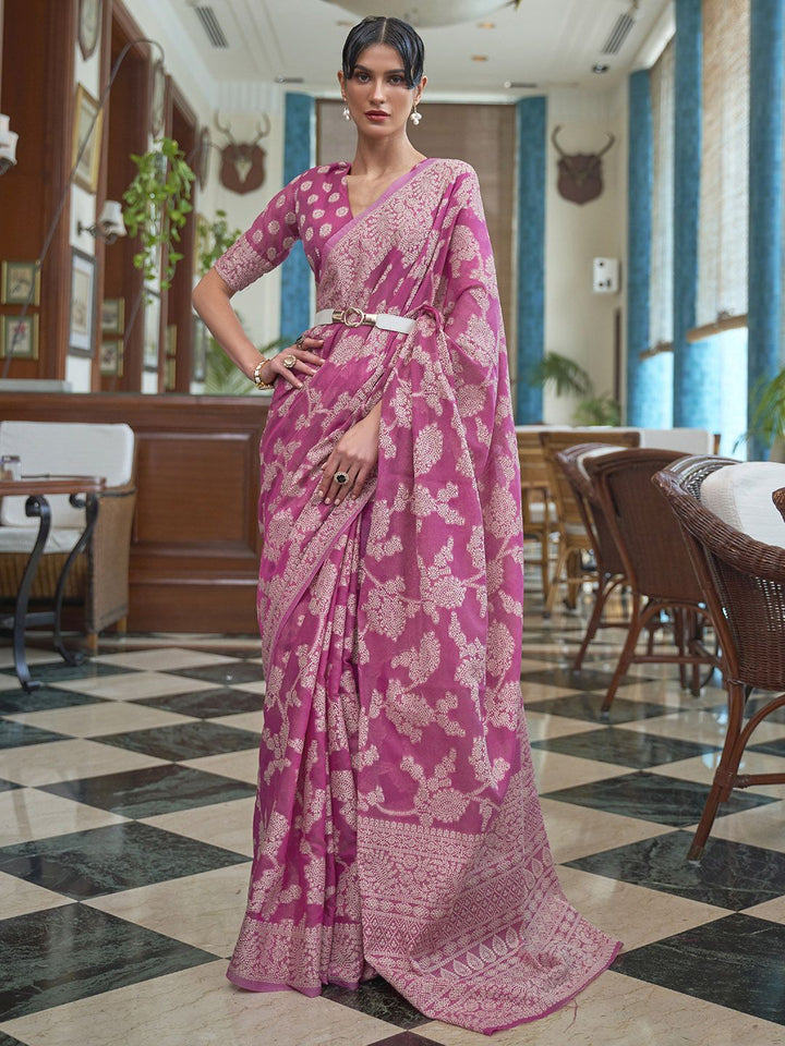 Mitera Pink & White Woven Design Linen Blend Muga Saree