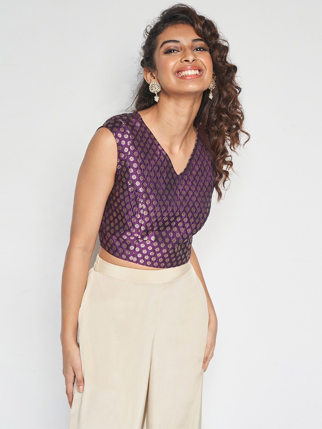 Global Desi Geometric Printed V-Neck Sleeveless Top