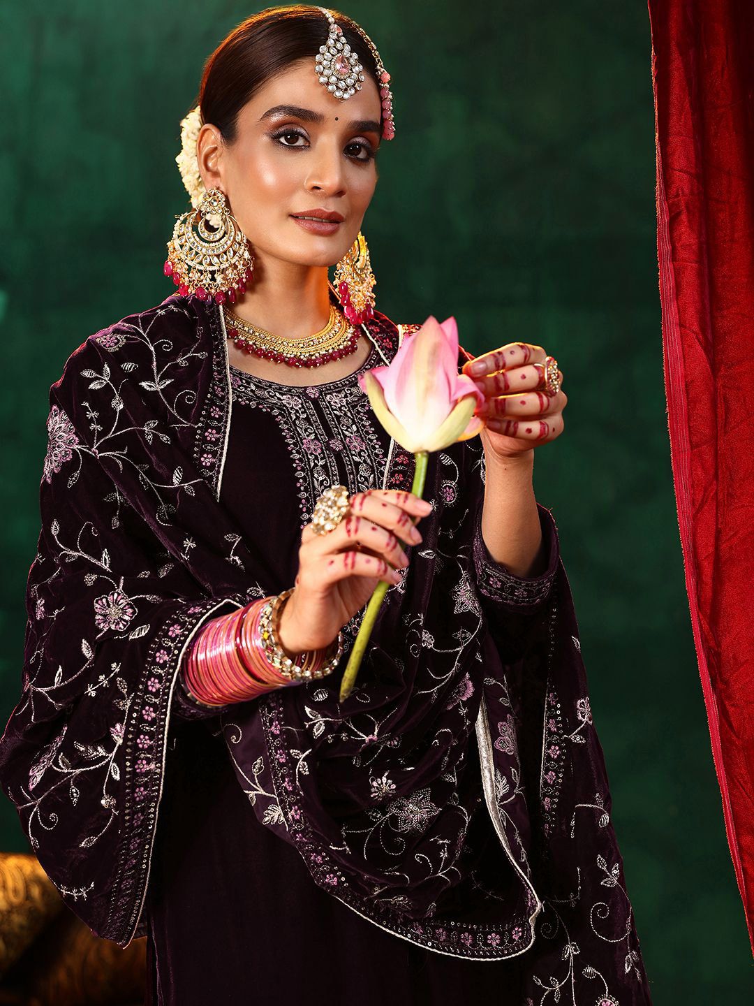 Libas Floral Yoke Design Sequinned Velvet Straight Kurta with Trousers & With Dupatta
