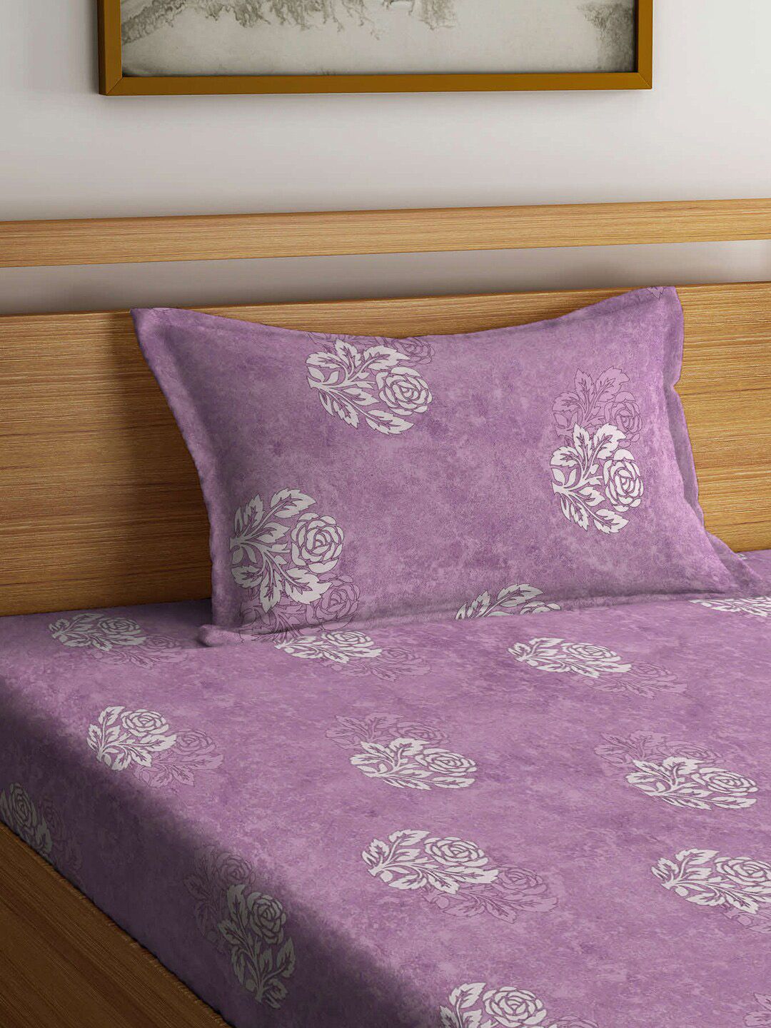 KLOTTHE Purple & White Floral-Printed 400TC Pure-Cotton Fitted Single Bedsheet Set