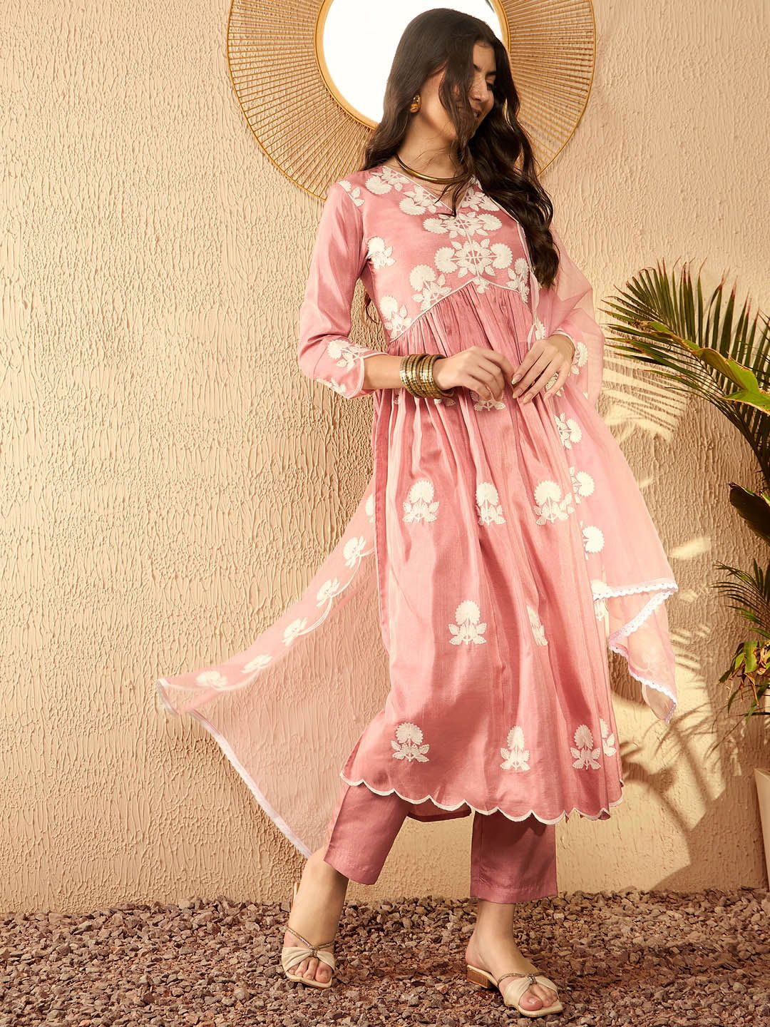 KALINI Women Embroidered Empire Thread Work Kurta with Trousers & With Dupatta