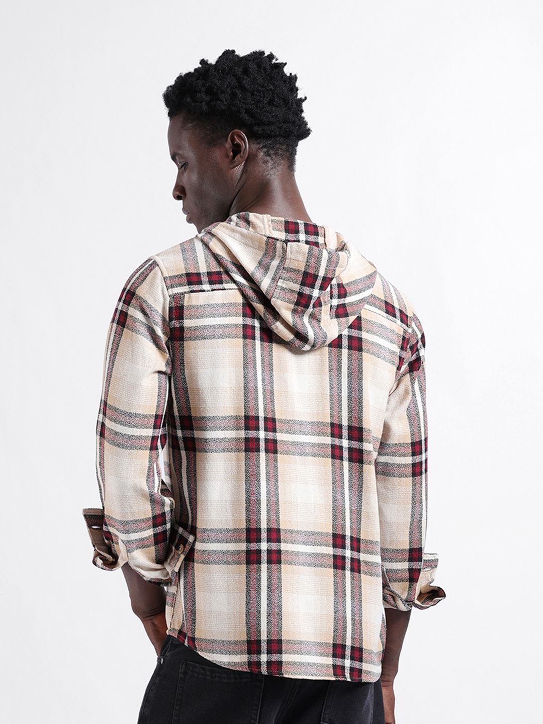 The Indian Garage Co Men Regular Fit Checked Casual Hooded Overshirt