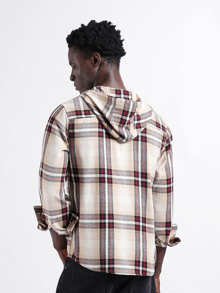 The Indian Garage Co Men Regular Fit Checked Casual Hooded Overshirt