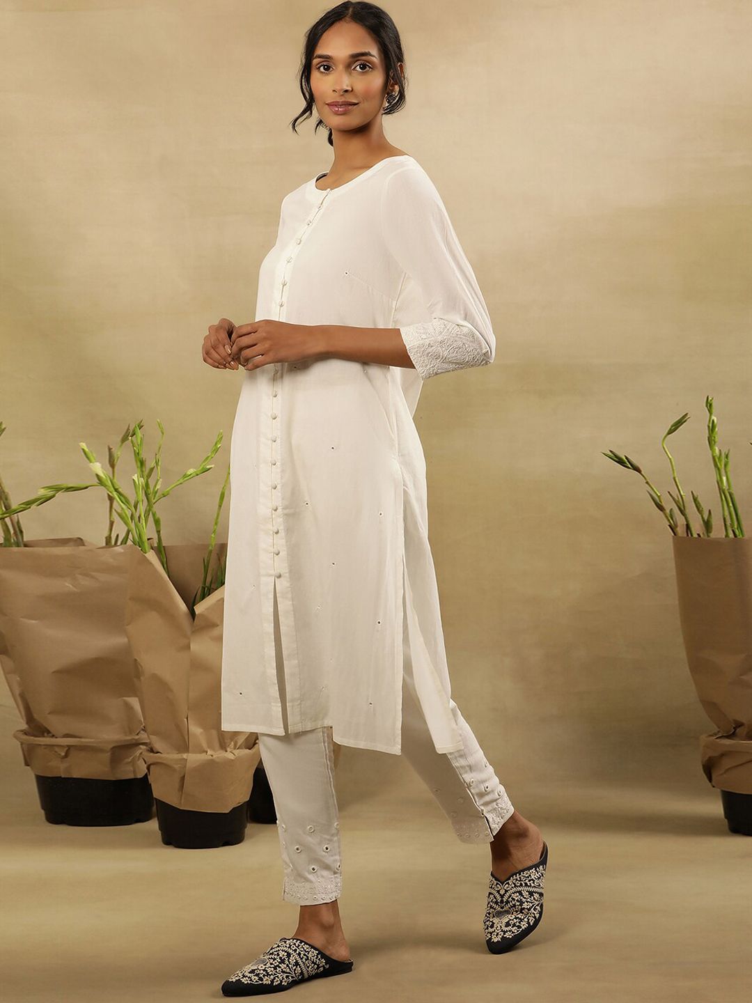 W Embellished Sequinned Pure Cotton Straight Kurta