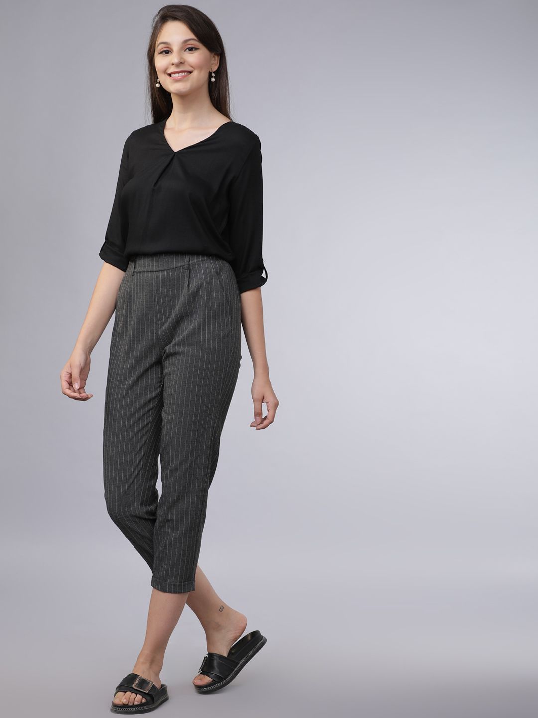 Basics By Tokyo Talkies Black V-Neck Top With Roll-Up Sleeves