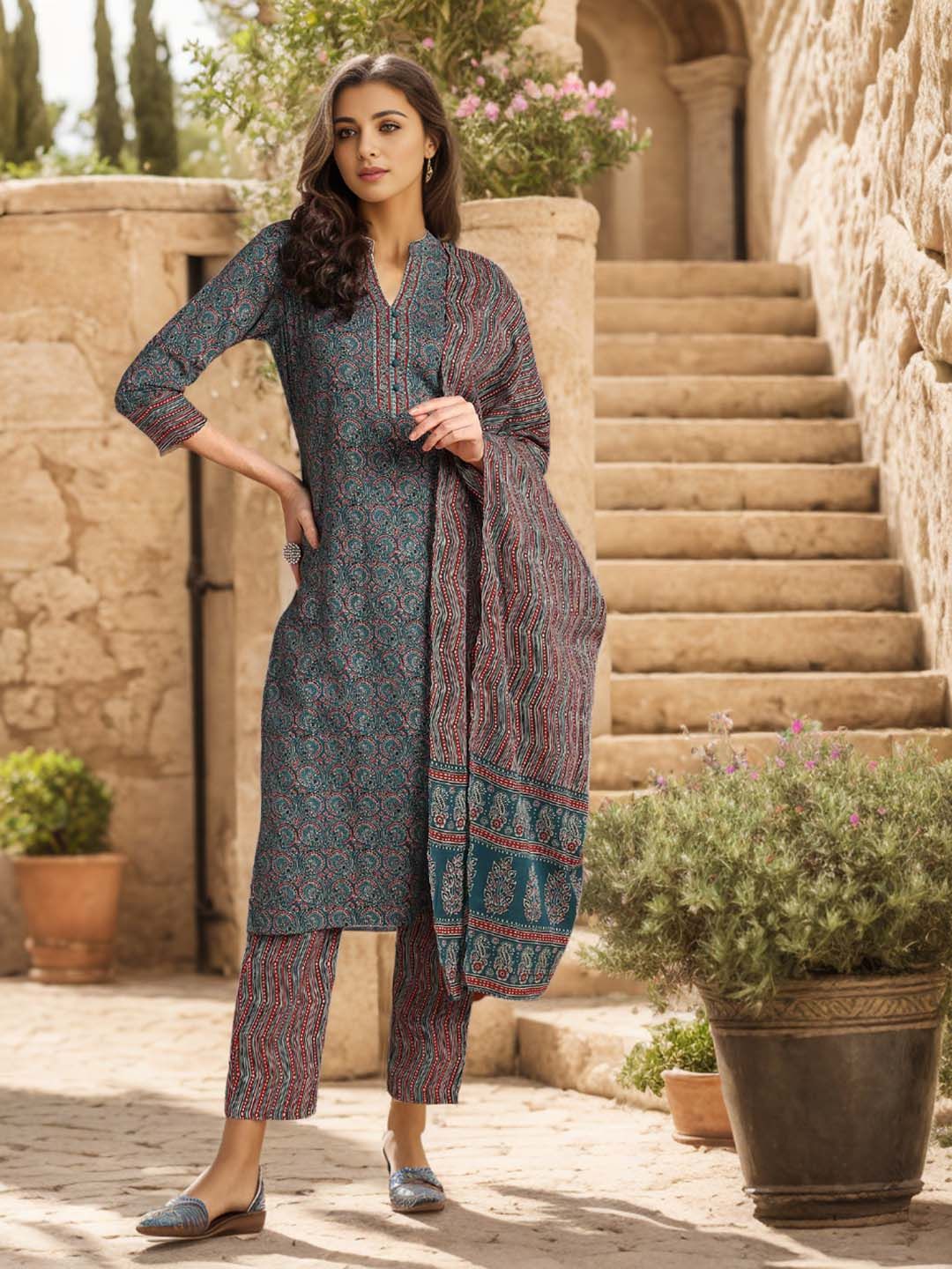 KALINI Ethnic Motifs Printed Mandarin Collar Kurta With Trousers & Dupatta