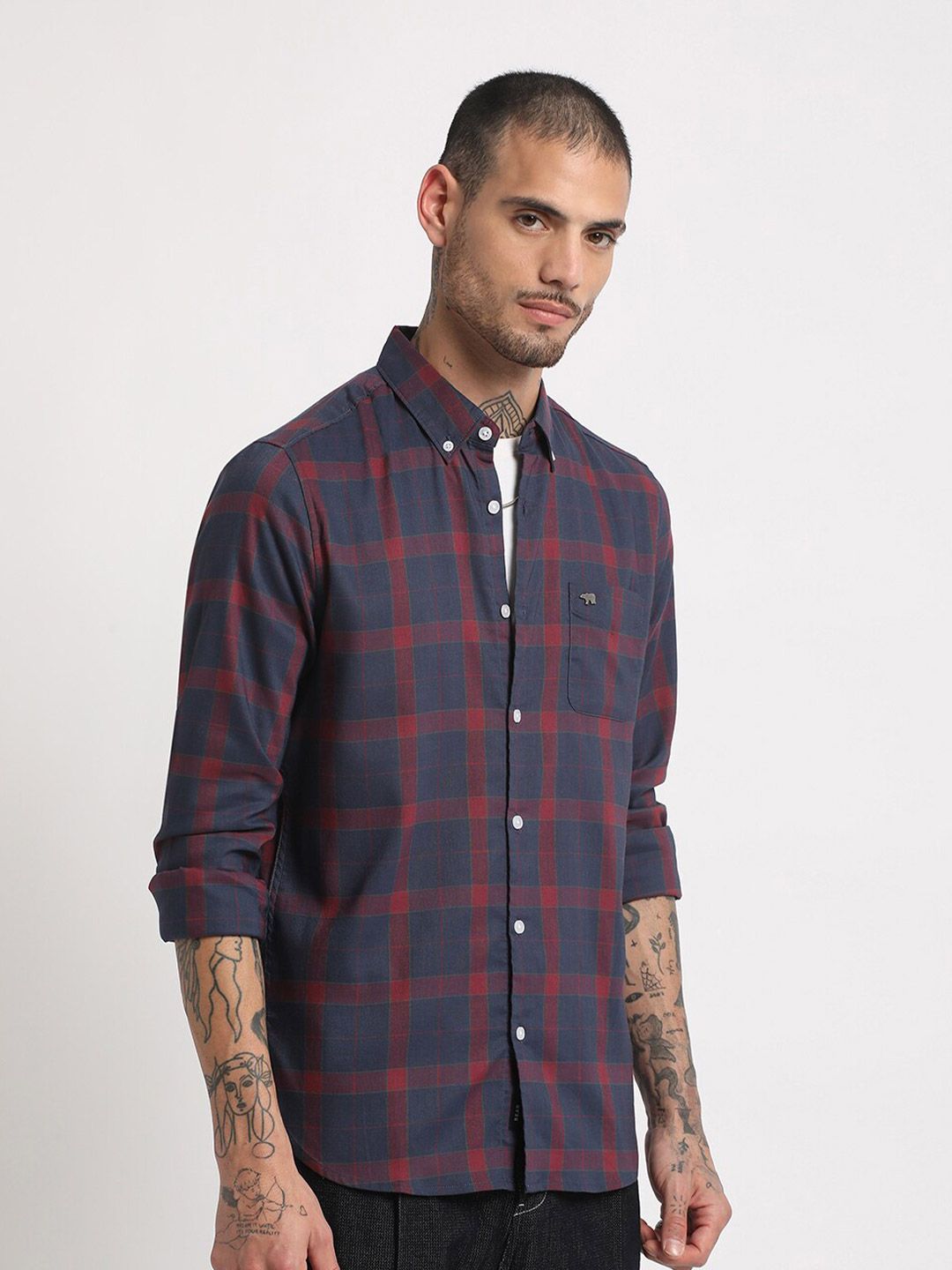 THE BEAR HOUSE Slim Fit Checked Button-Down Collar Casual Shirt