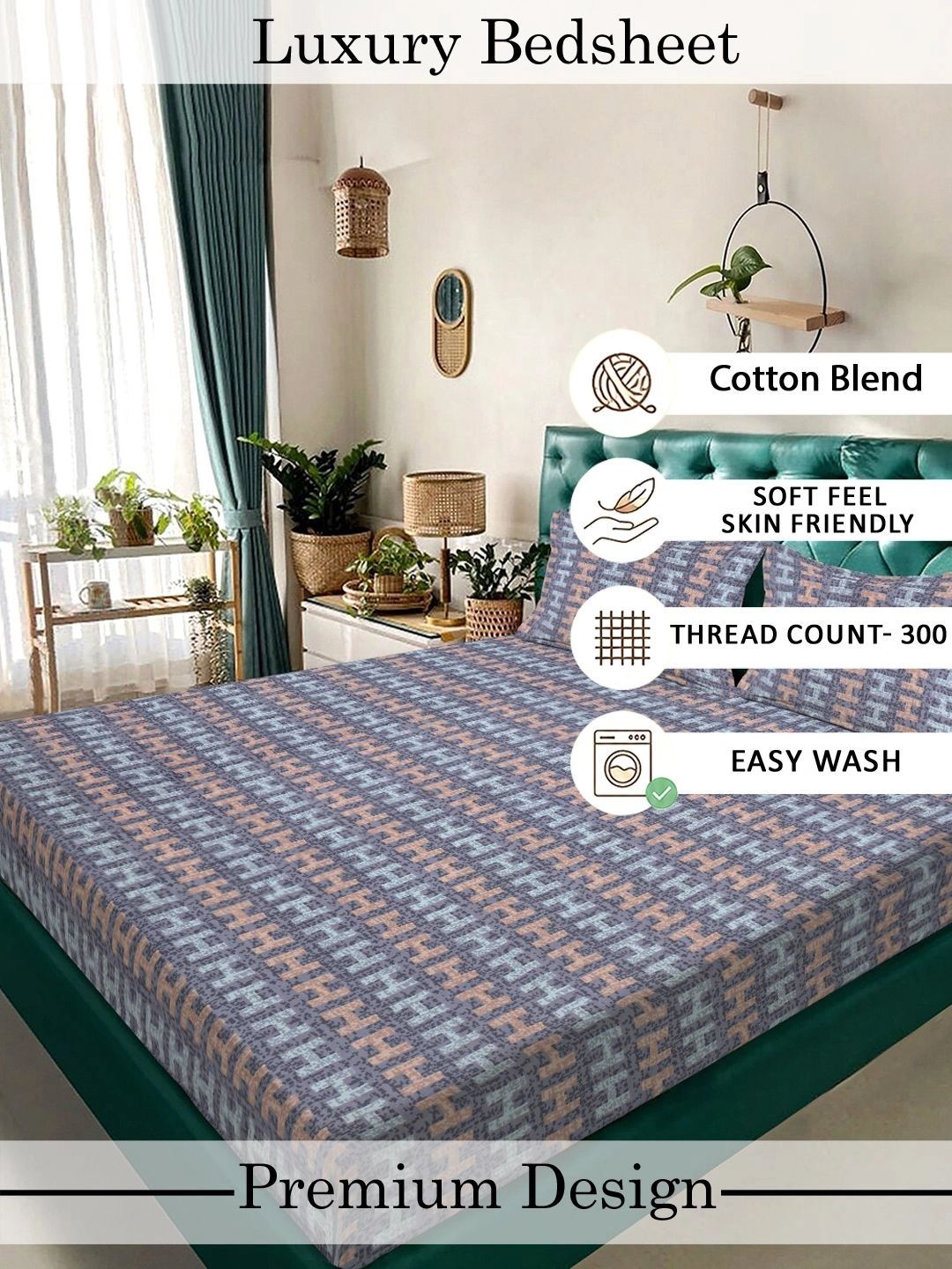 Myntra Elegant Homes Purple & Beige 300 TC King Bedsheet with 2 Pillow Covers