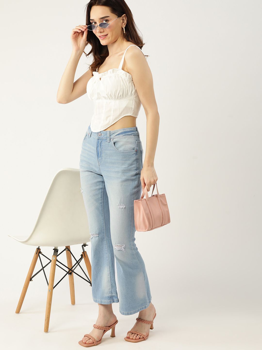 DressBerry Women Blue Flared Mildly Distressed Heavy Fade Stretchable Jeans