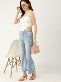 DressBerry Women Blue Flared Mildly Distressed Heavy Fade Stretchable Jeans