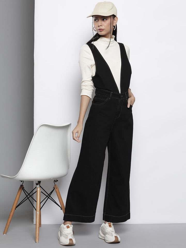 SASSAFRAS Black Deep V-Neck Cotton Denim Flared Leg Jumpsuit