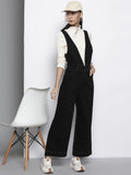 SASSAFRAS Black Deep V-Neck Cotton Denim Flared Leg Jumpsuit