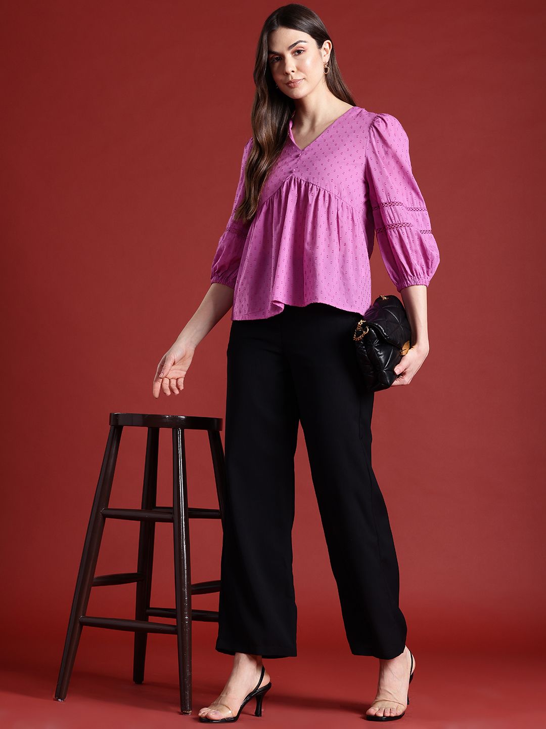 all about you Lace Detailed Puff Sleeves Pure Cotton A-Line Top