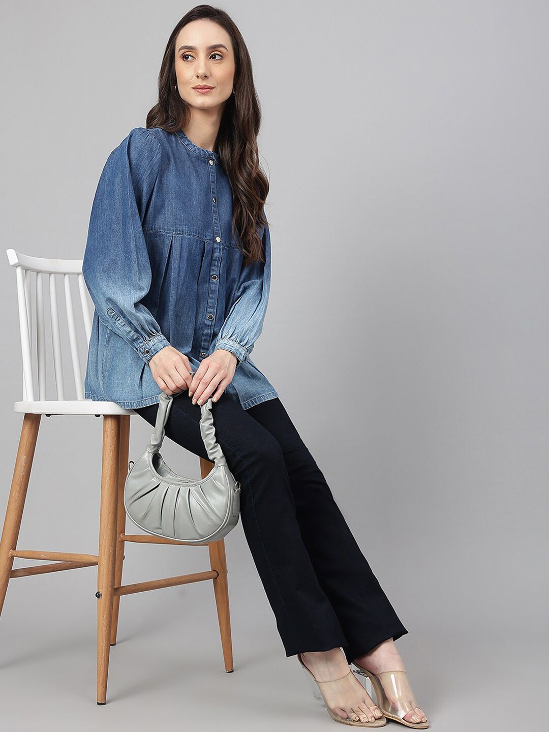 Janasya Women's Blue Denim Faded Flared Top