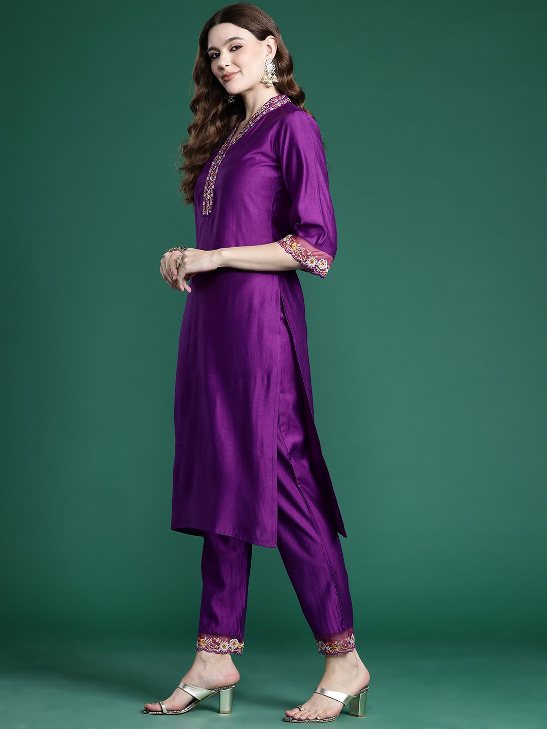 Indo Era Floral Thread Work Liva Kurta with Trousers & With Dupatta