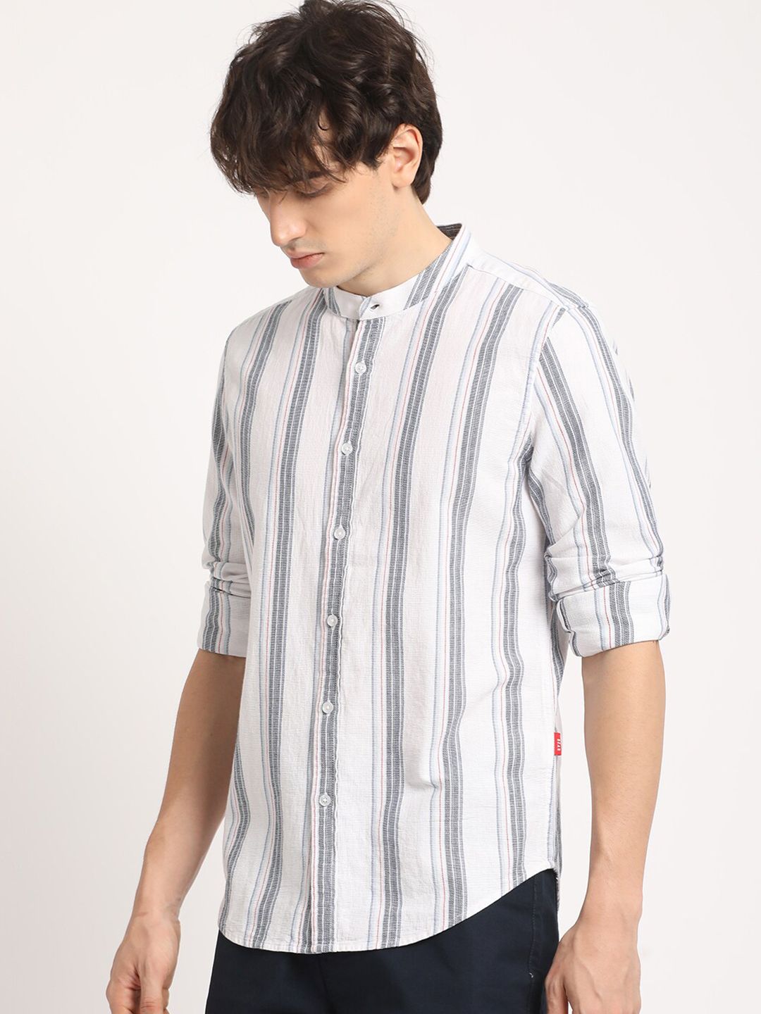 THE BEAR HOUSE Pure Cotton Striped Slim Fit Mandarin Collar Casual Shirt