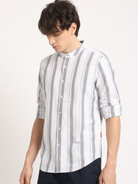 THE BEAR HOUSE Pure Cotton Striped Slim Fit Mandarin Collar Casual Shirt