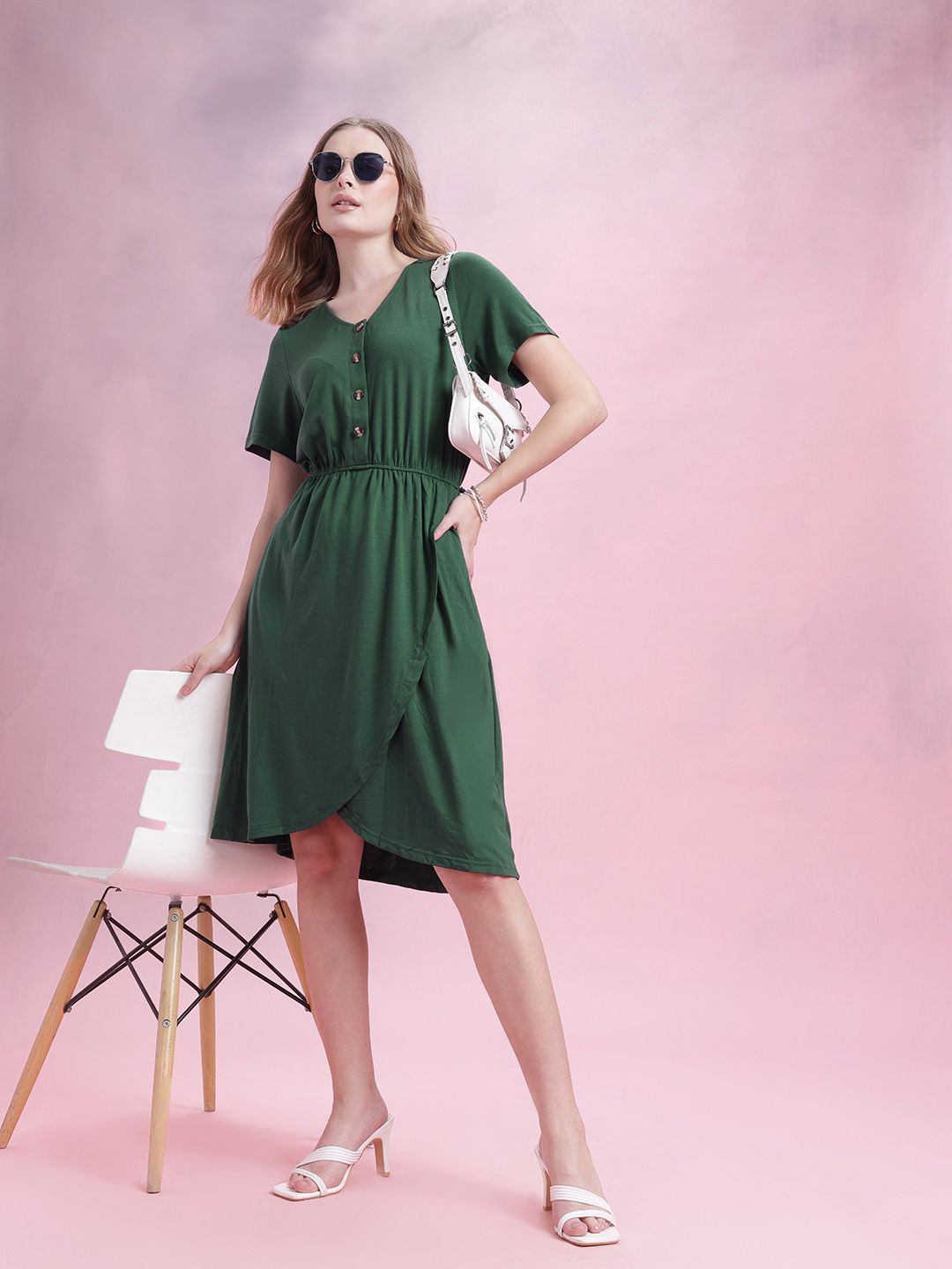DressBerry Gathered Detail Tulip Hem Buttoned A-Line Dress