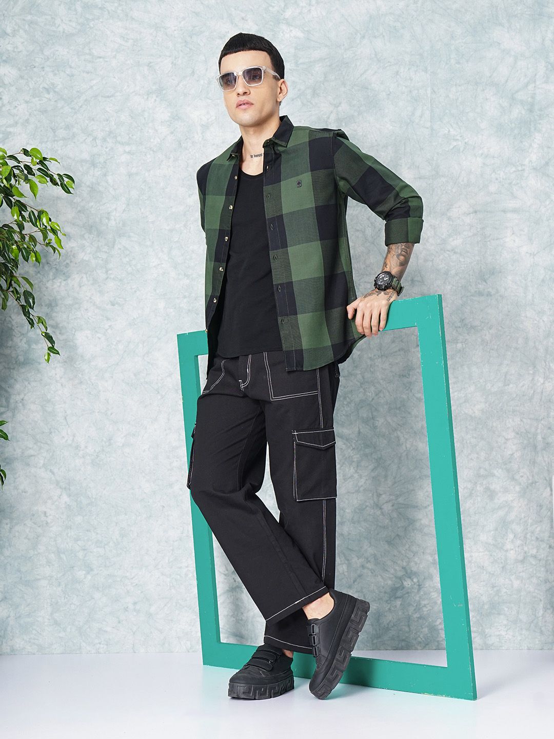 The Indian Garage Co Men Olive Green Grid Tattersall Checked Pure Cotton Casual Shirt