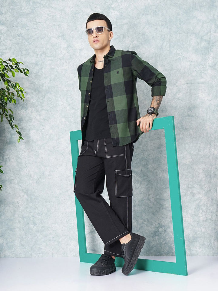 The Indian Garage Co Men Olive Green Grid Tattersall Checked Pure Cotton Casual Shirt