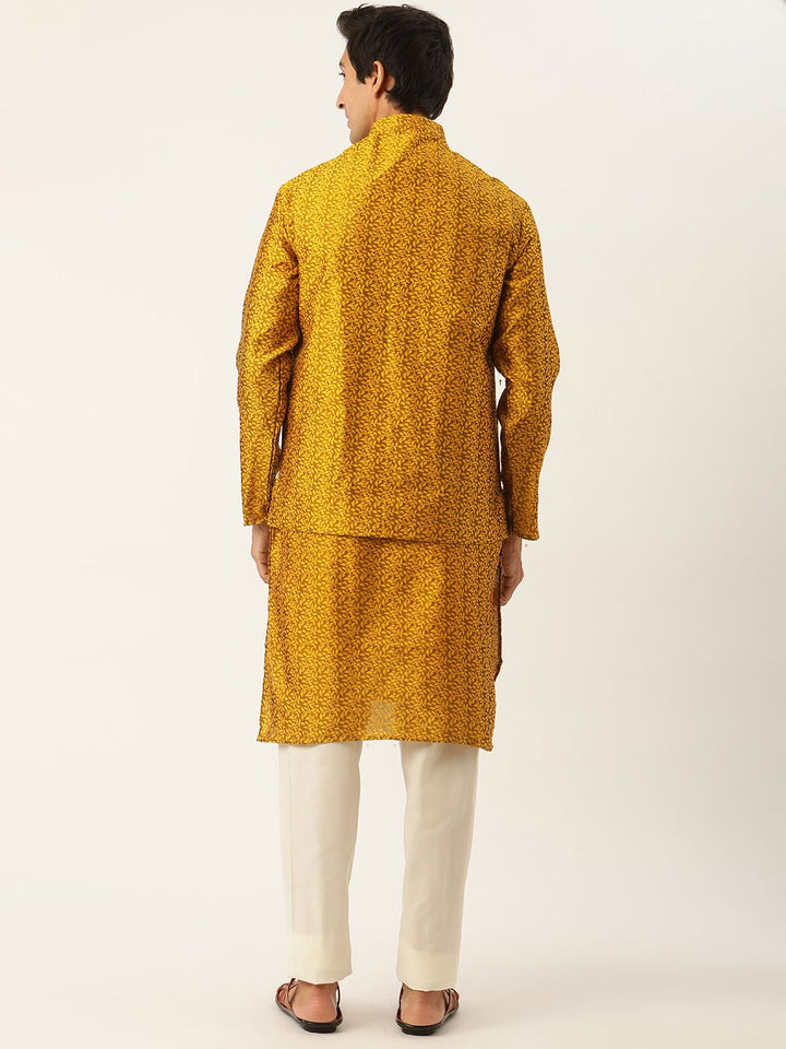 SOJANYA Men Mustard Yellow & White Woven Design Kurta with Pyjamas & Nehru Jacket
